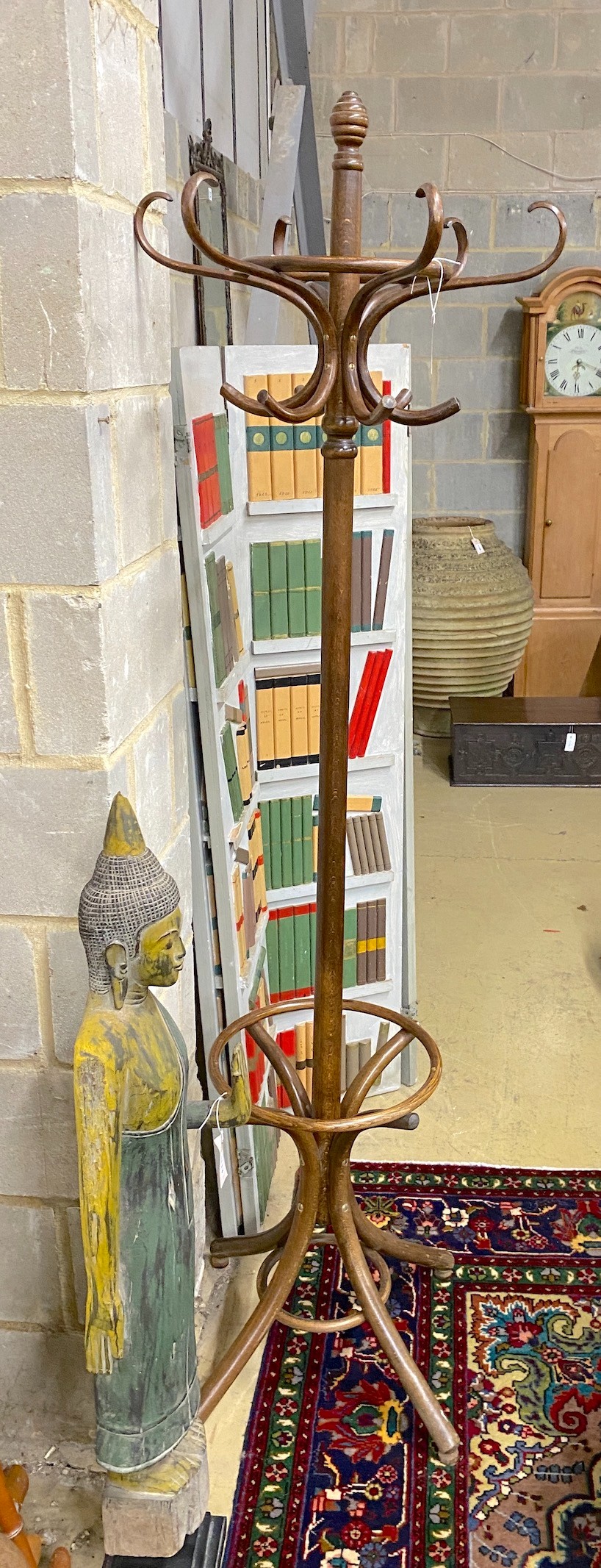 A large stained beech bentwood coat stand, height 192cm